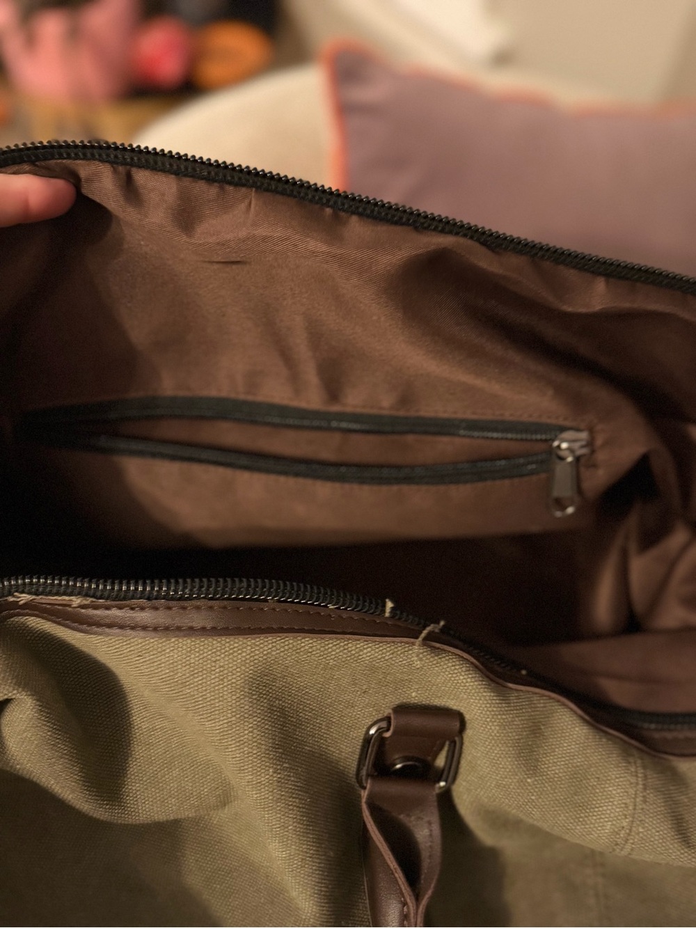 Canvas Weekender Duffel Bag - Olive Green with Brown Trim - Picture 9 of 15